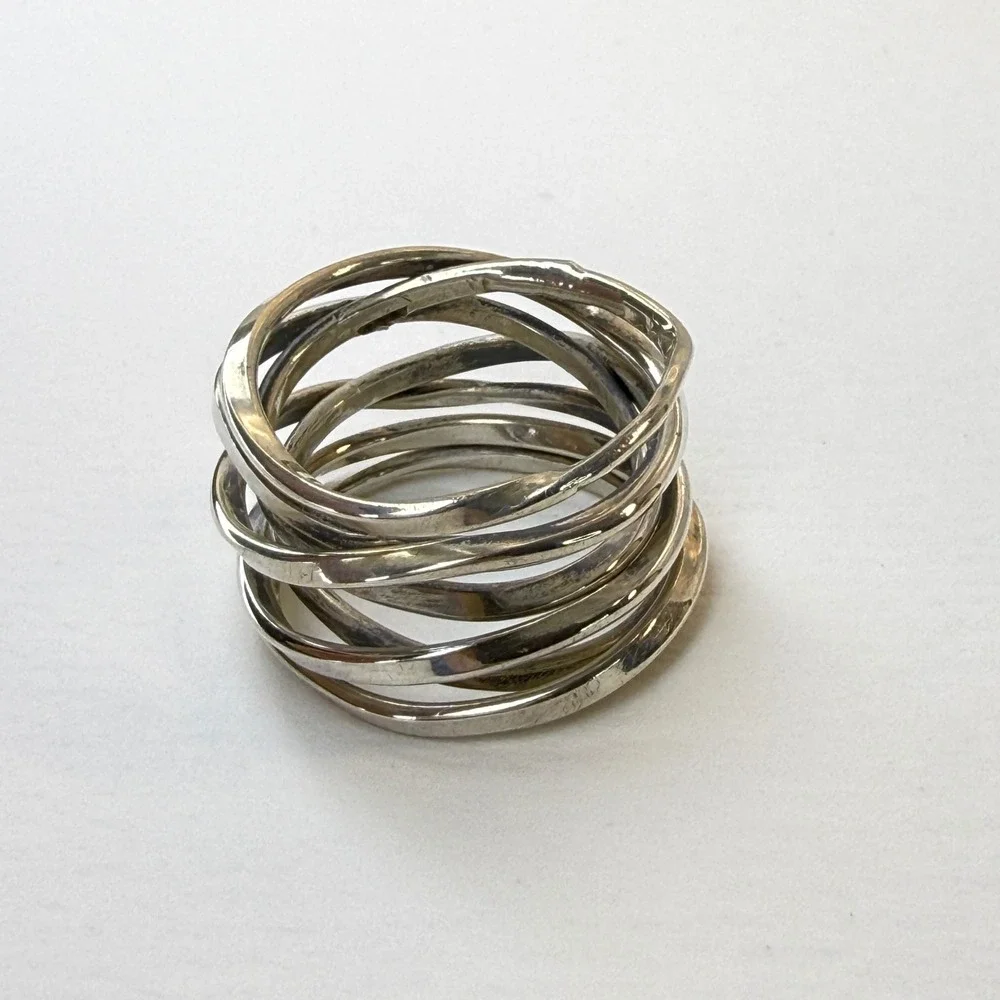 Sterling Silver Multi Band Rolling Ring Hammered Interlocking Stacked Size 6.5